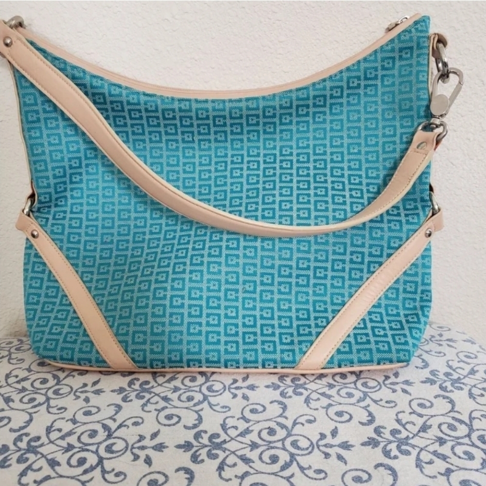 Charter Club Turquoise and Tan Geometric Shoulder Bag with Leather Accents